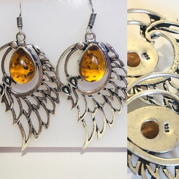Beautiful Amber Gemstone 925 Silver Angel Wings Dangle Drop Earrings - Picture 6 of 6